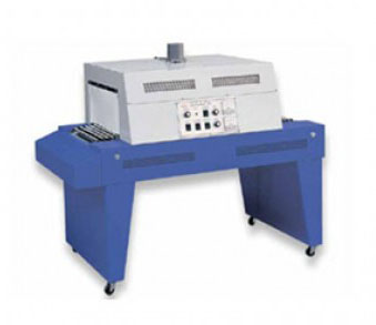 Shrink Packing Machine equipped with an adjustable speed conveyor and 2 temperature controllers for upper and lower heaters.