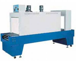 Shrink Packing Machine equipped with an adjustable speed conveyor and 2 temperature controllers for upper and lower heaters.